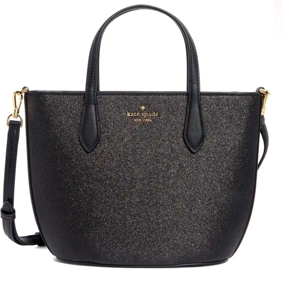 Kate Spade NWT Black Leather Shimmer Removable Crossbody Strap Satchel Tote Bag - Picture 7 of 7